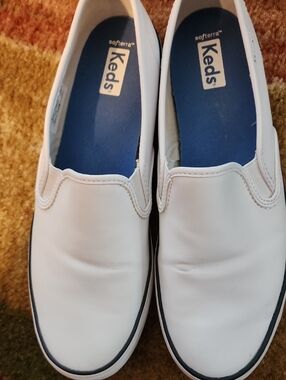 Keds White Slip-On Leather Sneakers with Blue Insoles